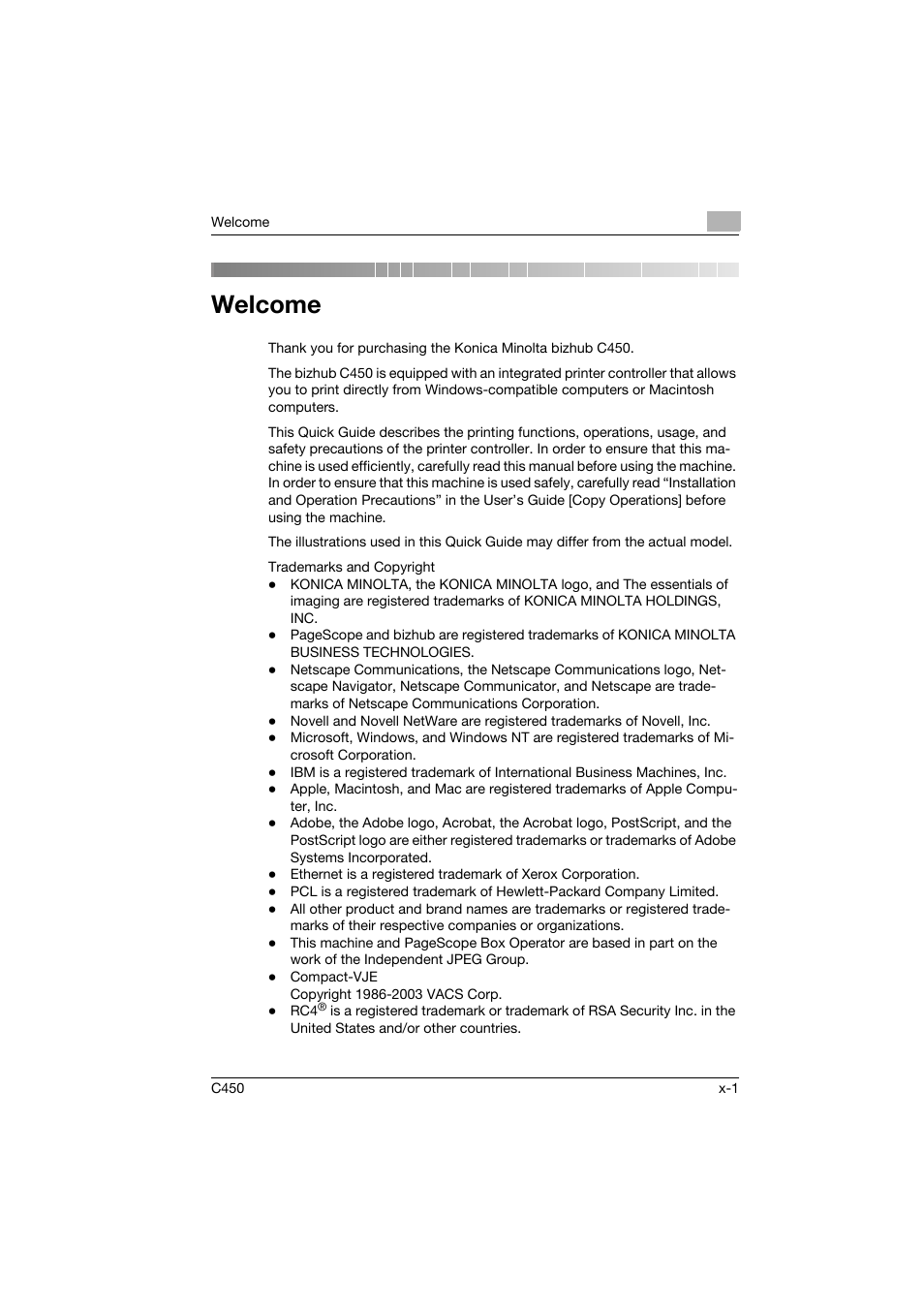 Welcome | Konica Minolta BIZHUB C450 User Manual | Page 2 / 94