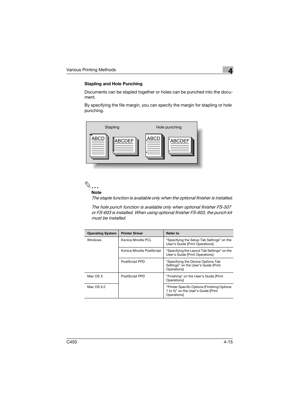 Stapling and hole punching, Stapling and hole punching -15 | Konica Minolta BIZHUB C450 User Manual | Page 68 / 94