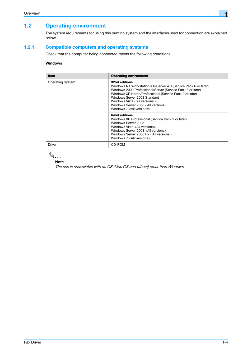 2 operating environment, 1 compatible computers and operating systems, Windows | Operating environment -4 | Konica Minolta bizhub 751 User Manual | Page 11 / 69