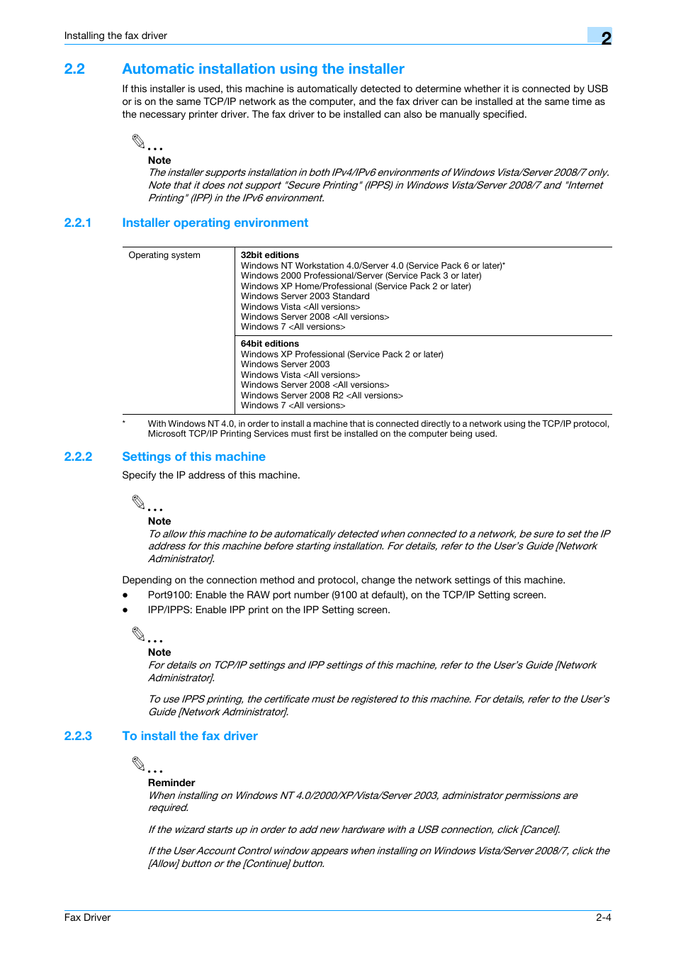 2 automatic installation using the installer, 1 installer operating environment, 2 settings of this machine | 3 to install the fax driver, Automatic installation using the installer -4, Installer operating environment -4, Settings of this machine -4, To install the fax driver -4 | Konica Minolta bizhub 751 User Manual | Page 16 / 69