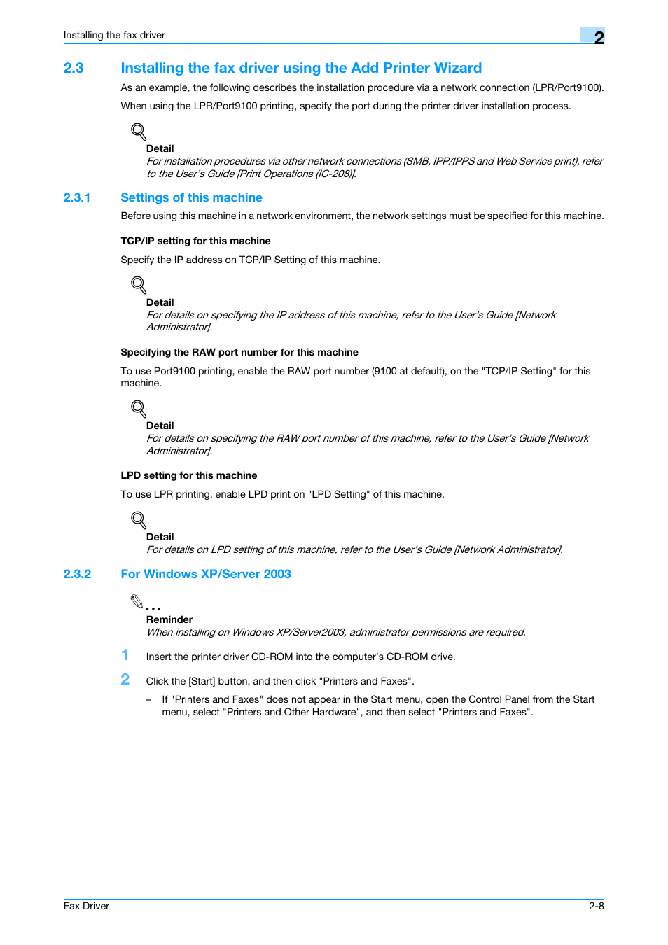 1 settings of this machine, Tcp/ip setting for this machine, Specifying the raw port number for this machine | Lpd setting for this machine, 2 for windows xp/server 2003, For windows xp/server 2003 -8 | Konica Minolta bizhub 751 User Manual | Page 20 / 69