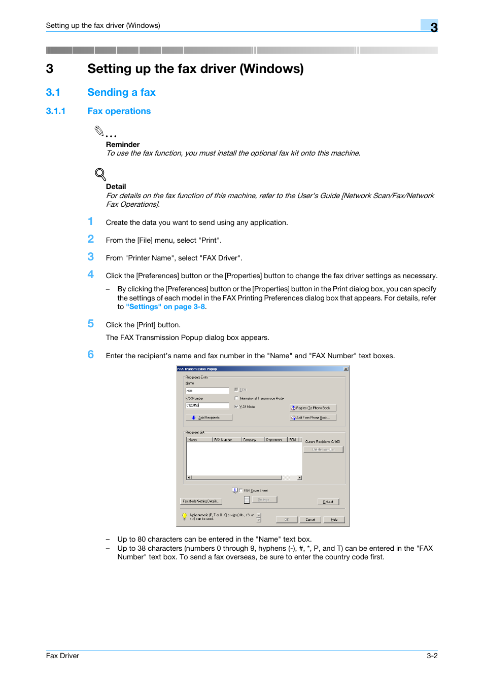 3 setting up the fax driver (windows), 1 sending a fax, 1 fax operations | Setting up the fax driver (windows), Sending a fax -2, Fax operations -2, 3setting up the fax driver (windows) | Konica Minolta bizhub 751 User Manual | Page 35 / 69