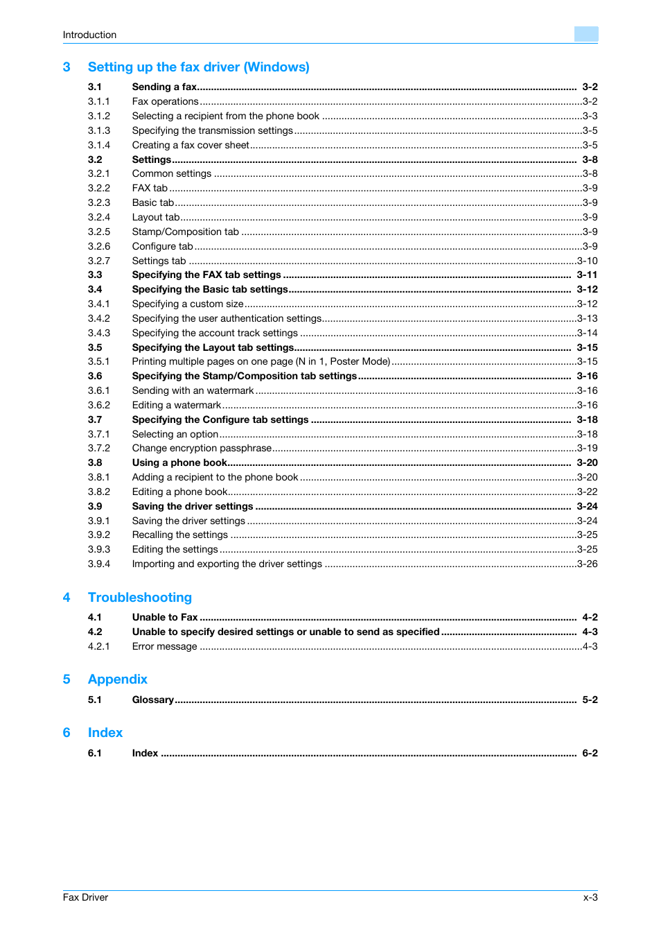 3setting up the fax driver (windows), 4troubleshooting, 5appendix | 6index | Konica Minolta bizhub 751 User Manual | Page 4 / 69