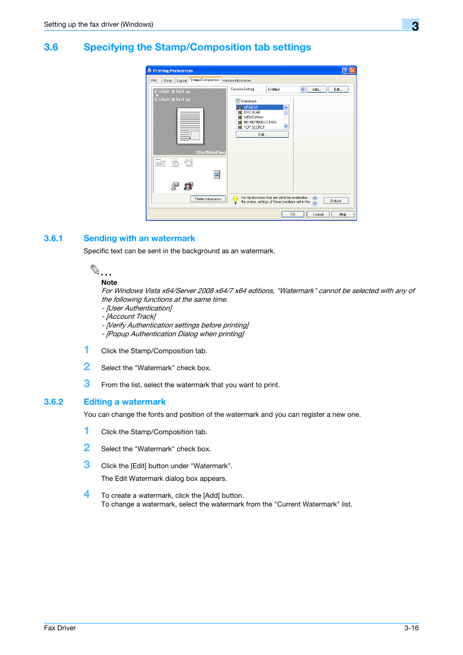 6 specifying the stamp/composition tab settings, 1 sending with an watermark, 2 editing a watermark | Specifying the stamp/composition tab settings -16, Sending with an watermark -16, Editing a watermark -16 | Konica Minolta bizhub 751 User Manual | Page 49 / 69