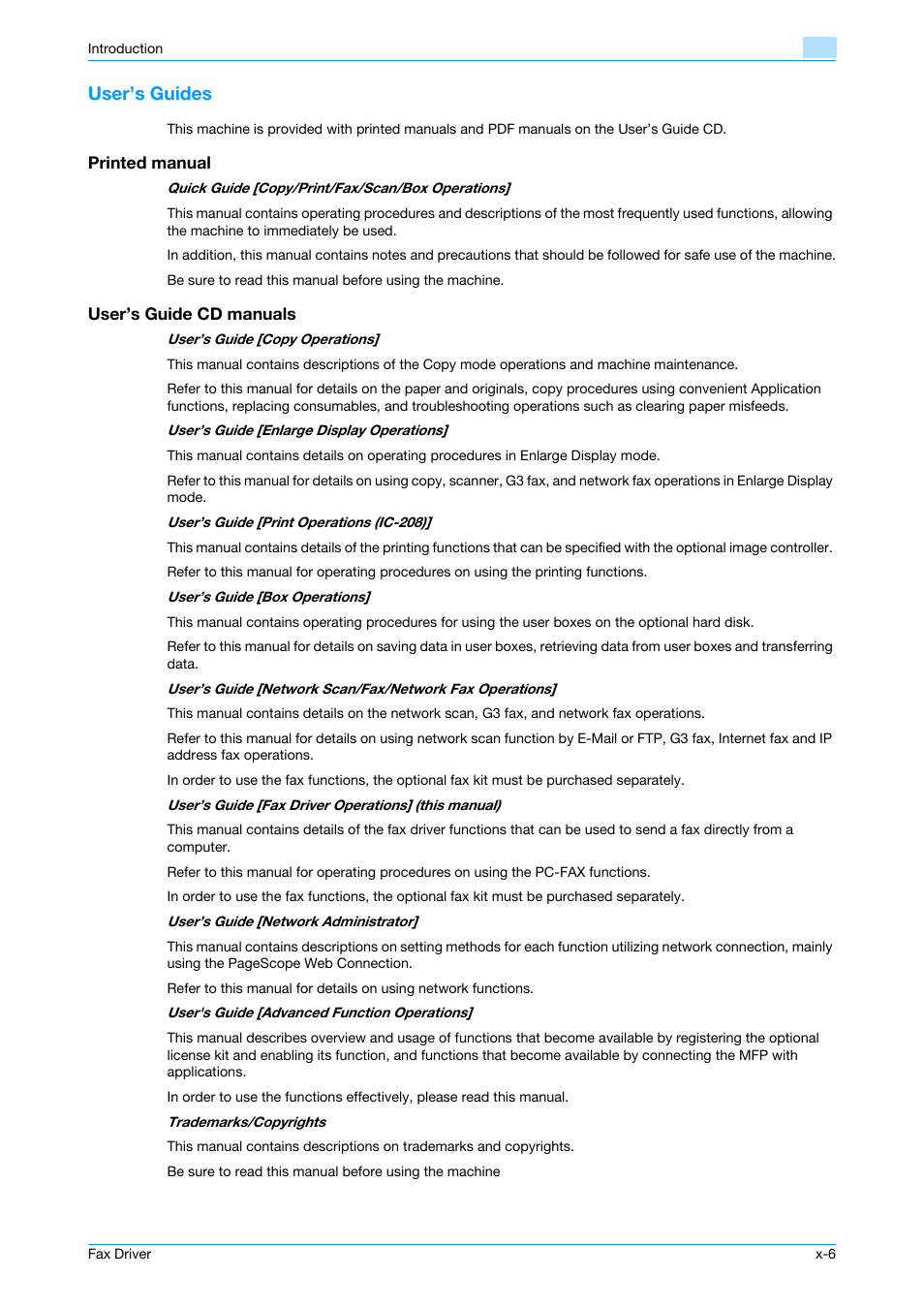 User’s guides, Printed manual, User’s guide cd manuals | Konica Minolta bizhub 751 User Manual | Page 7 / 69