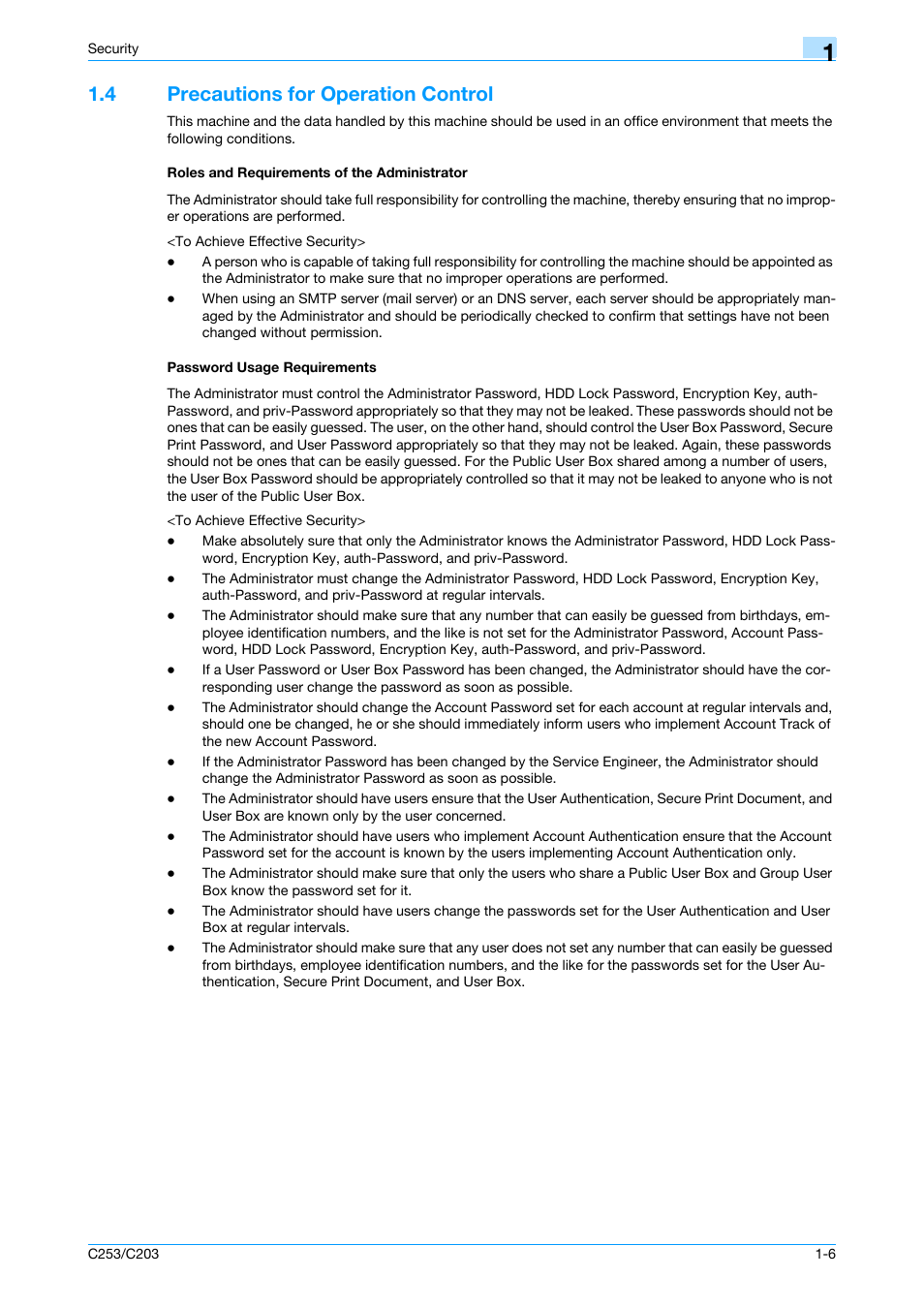4 precautions for operation control, Roles and requirements of the administrator, Password usage requirements | Konica Minolta BIZHUB C253 User Manual | Page 11 / 186