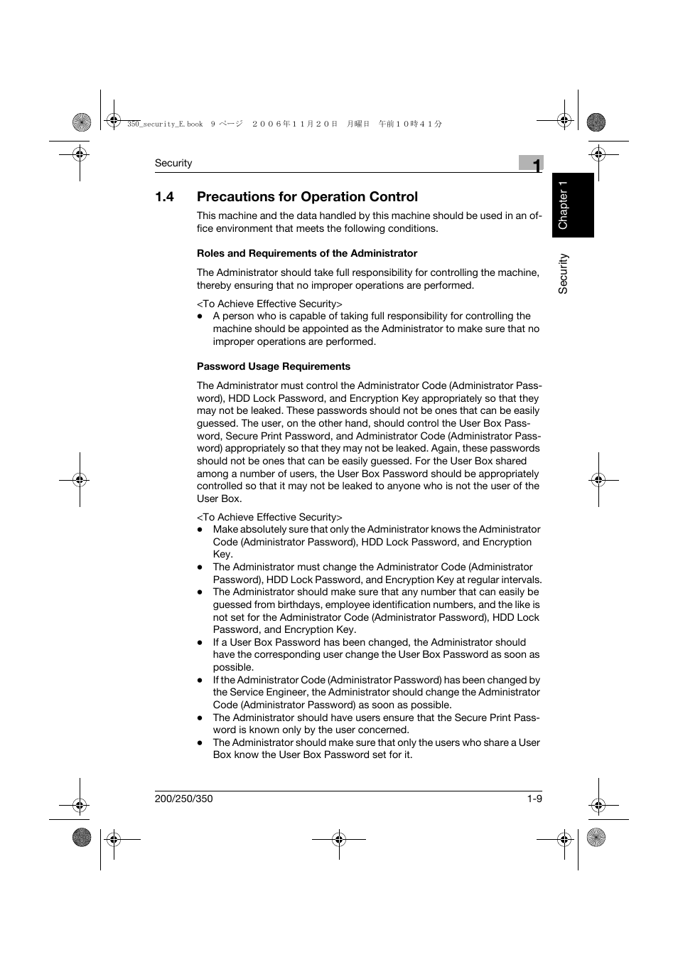 4 precautions for operation control, Roles and requirements of the administrator, Password usage requirements | Precautions for operation control -9 | Konica Minolta bizhub 200 User Manual | Page 14 / 90