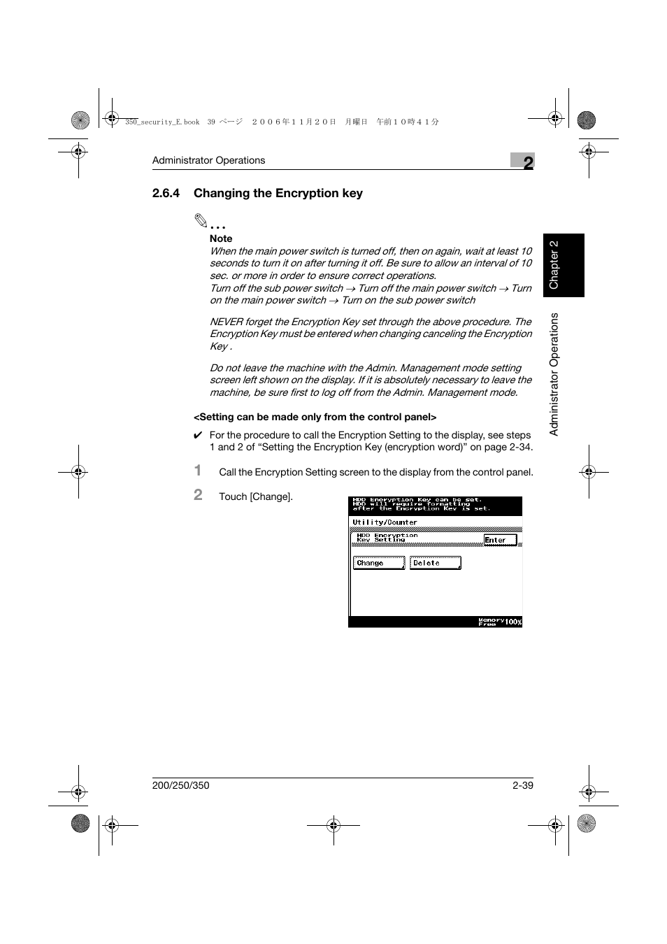 4 changing the encryption key, Setting can be made only from the control panel | Konica Minolta bizhub 200 User Manual | Page 56 / 90