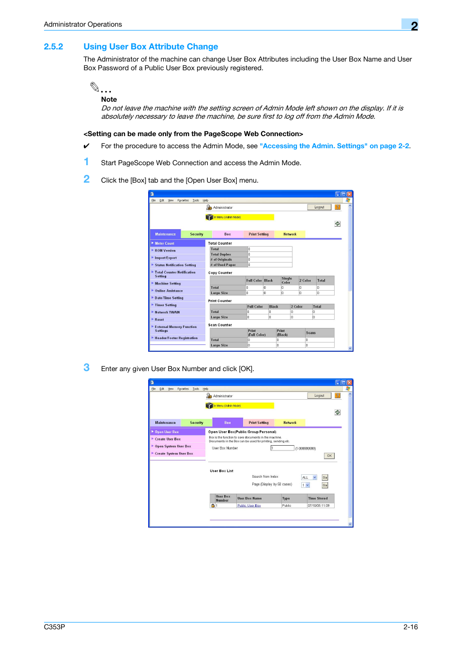 2 using user box attribute change, Using user box | Konica Minolta bizhub C353P User Manual | Page 31 / 96