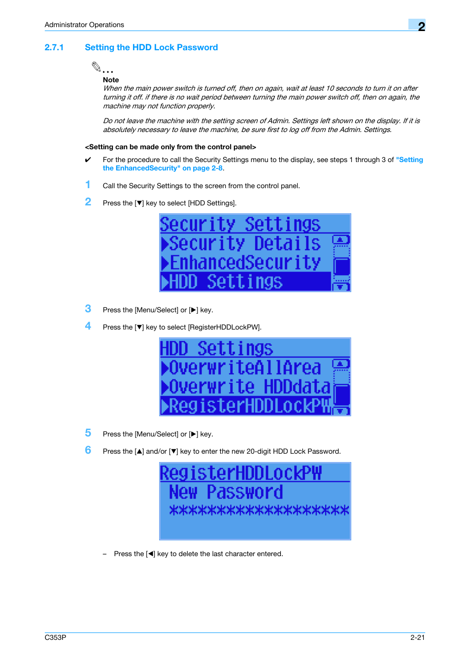 1 setting the hdd lock password, Setting can be made only from the control panel | Konica Minolta bizhub C353P User Manual | Page 36 / 96