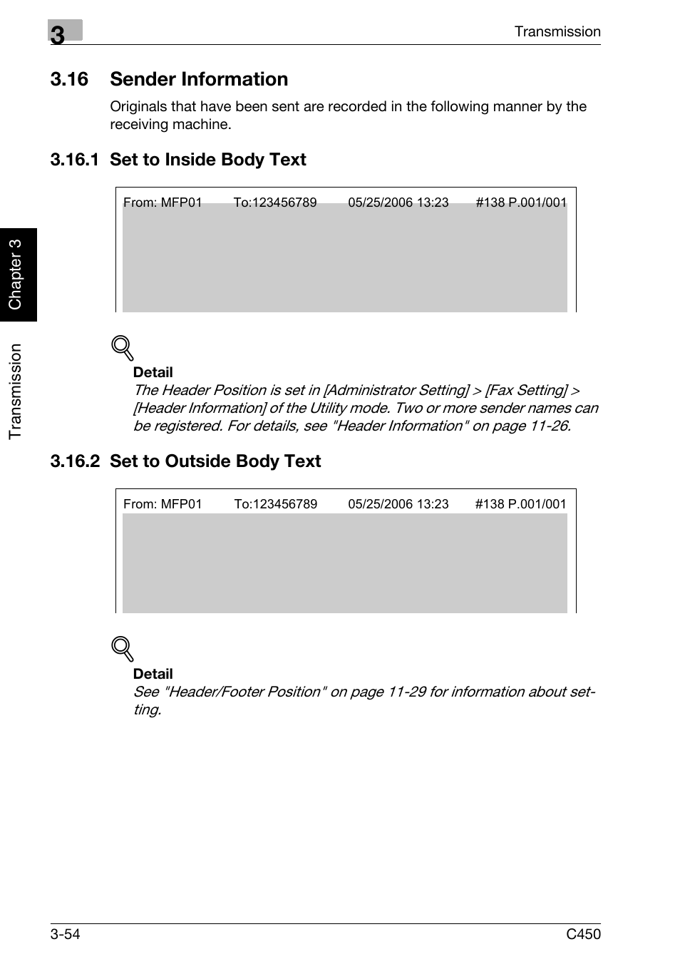 16 sender information, 1 set to inside body text, 2 set to outside body text | Sender information -54, Set to inside body text -54, Set to outside body text -54 | Konica Minolta FK-502 User Manual | Page 109 / 450