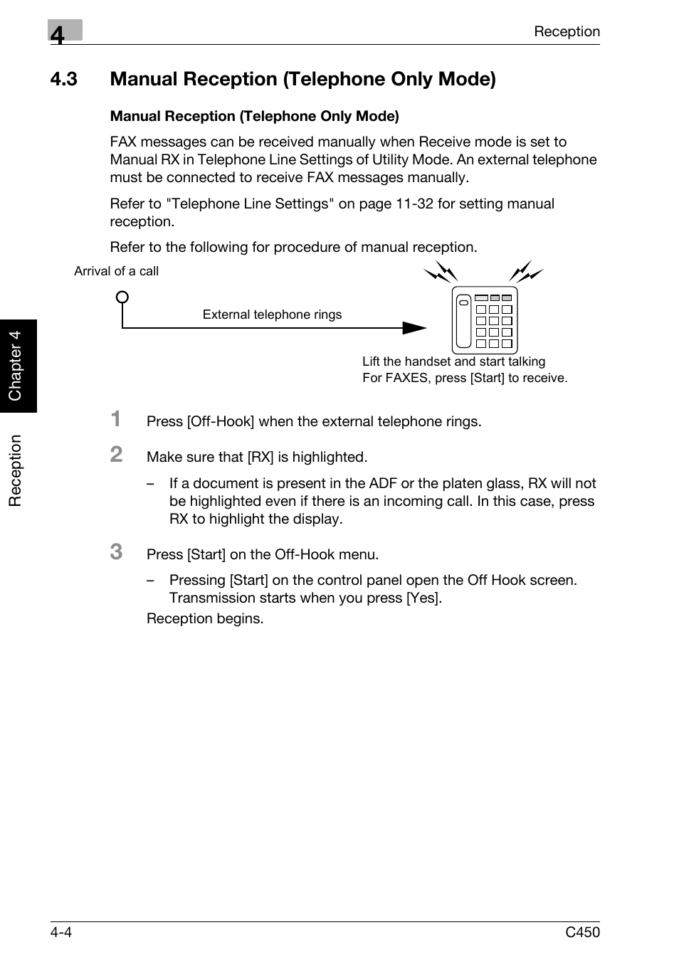3 manual reception (telephone only mode), Manual reception (telephone only mode), Manual reception (telephone only mode) -4 | Konica Minolta FK-502 User Manual | Page 115 / 450