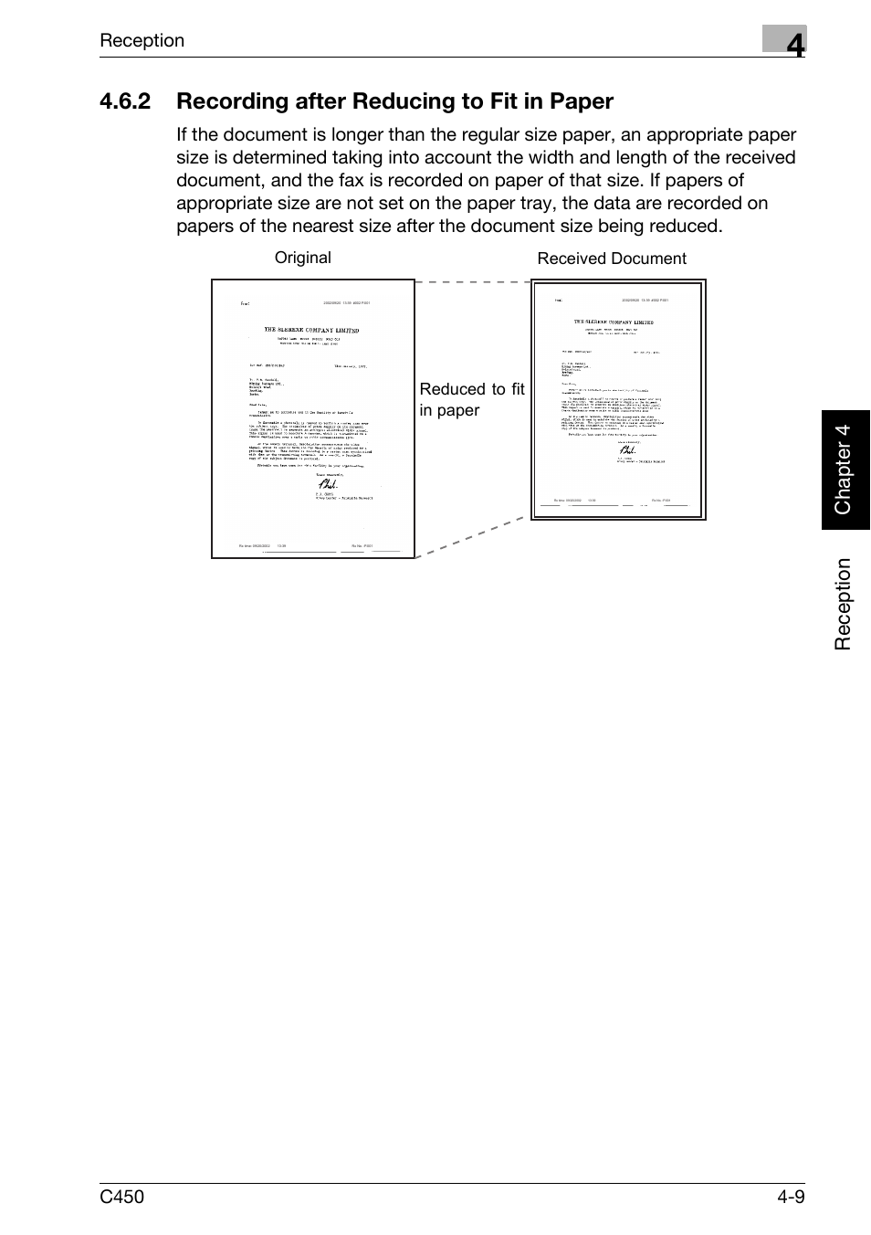 2 recording after reducing to fit in paper, Recording after reducing to fit in paper -9, Reception chapter 4 | Konica Minolta FK-502 User Manual | Page 120 / 450
