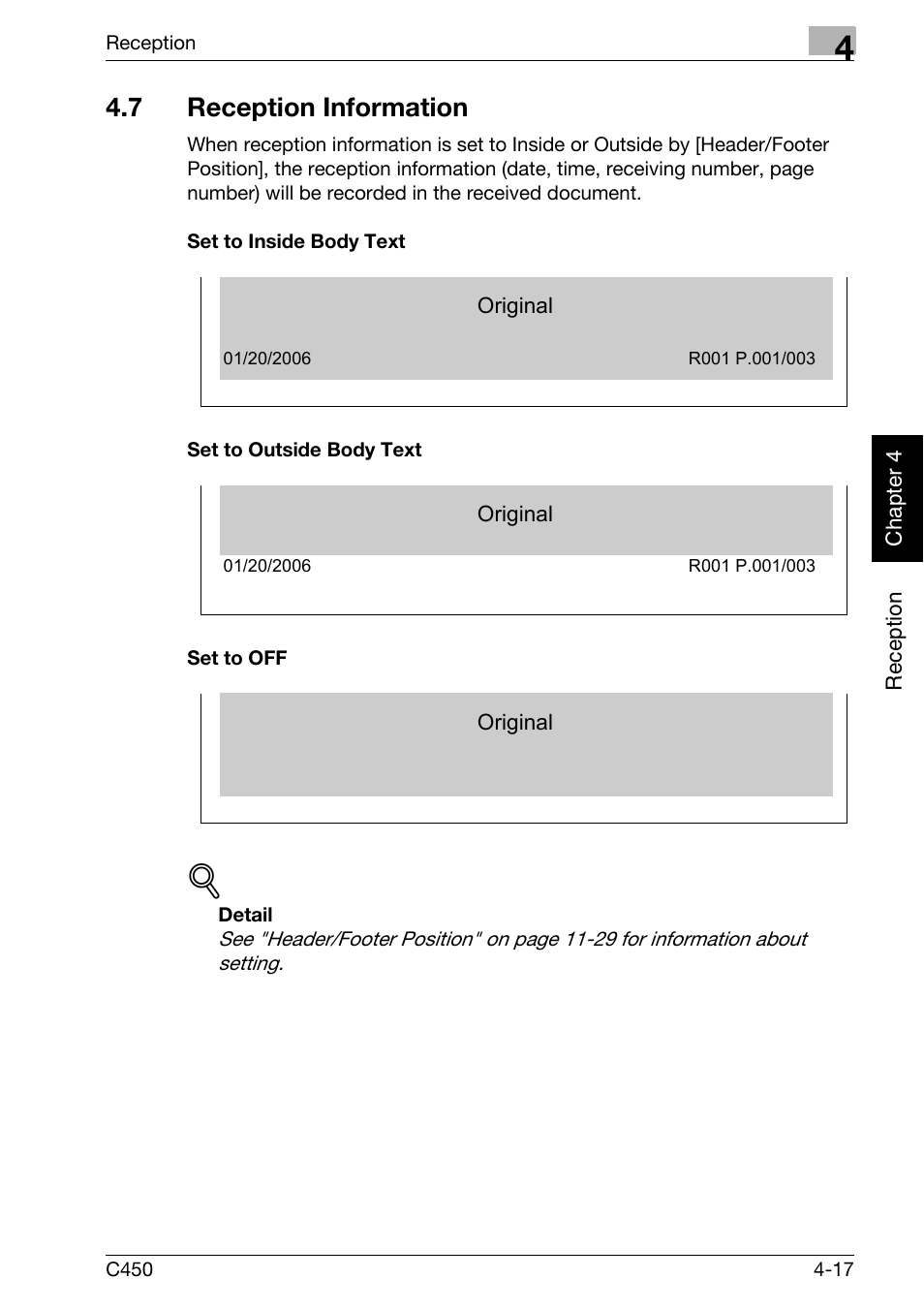 7 reception information, Set to inside body text, Set to outside body text | Set to off, Reception information -17 | Konica Minolta FK-502 User Manual | Page 128 / 450