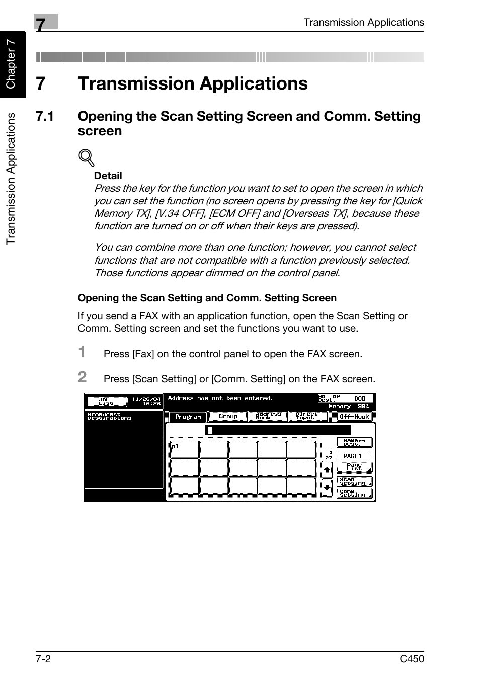 7 transmission applications, Opening the scan setting and comm. setting screen, Transmission applications | 7transmission applications | Konica Minolta FK-502 User Manual | Page 139 / 450