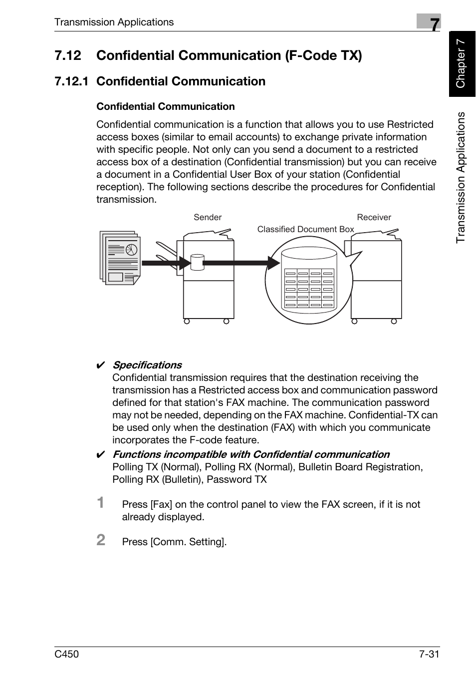 12 confidential communication (f-code tx), 1 confidential communication, Confidential communication | Confidential communication (f-code tx) -31, Confidential communication -31 | Konica Minolta FK-502 User Manual | Page 168 / 450