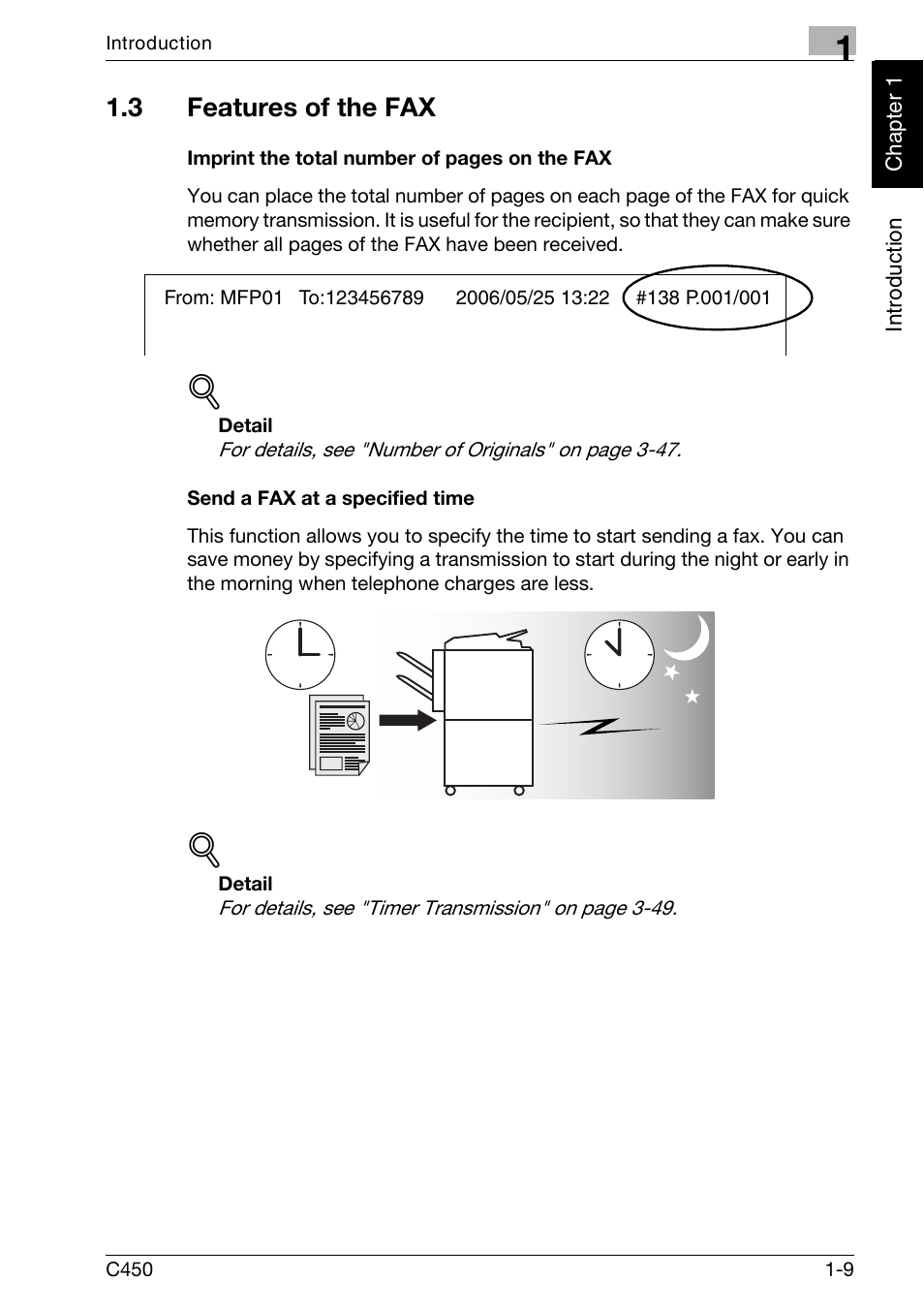 3 features of the fax, Send a fax at a specified time, Features of the fax -9 | Konica Minolta FK-502 User Manual | Page 18 / 450