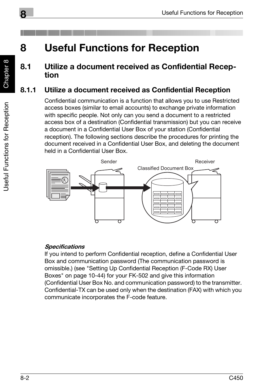 8 useful functions for reception, Useful functions for reception, 8useful functions for reception | Konica Minolta FK-502 User Manual | Page 187 / 450