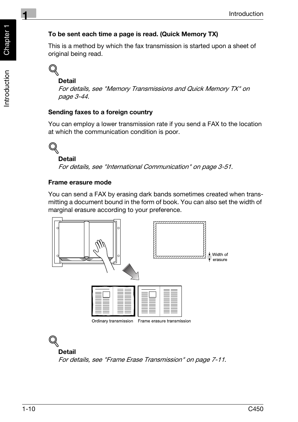 Sending faxes to a foreign country, Frame erasure mode | Konica Minolta FK-502 User Manual | Page 19 / 450