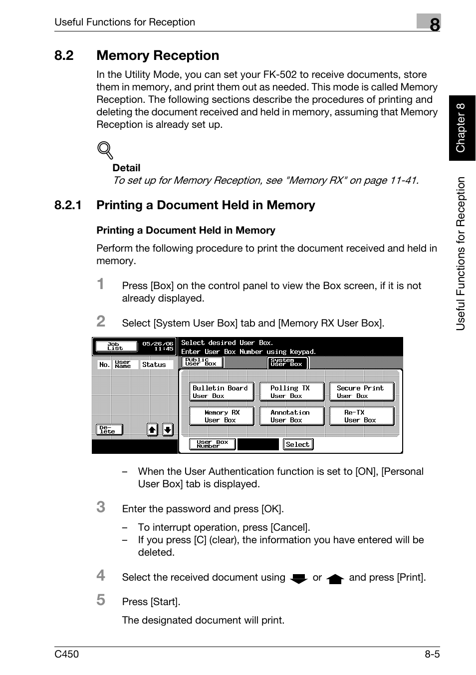 2 memory reception, 1 printing a document held in memory, Printing a document held in memory | Memory reception -5, Printing a document held in memory -5 | Konica Minolta FK-502 User Manual | Page 190 / 450