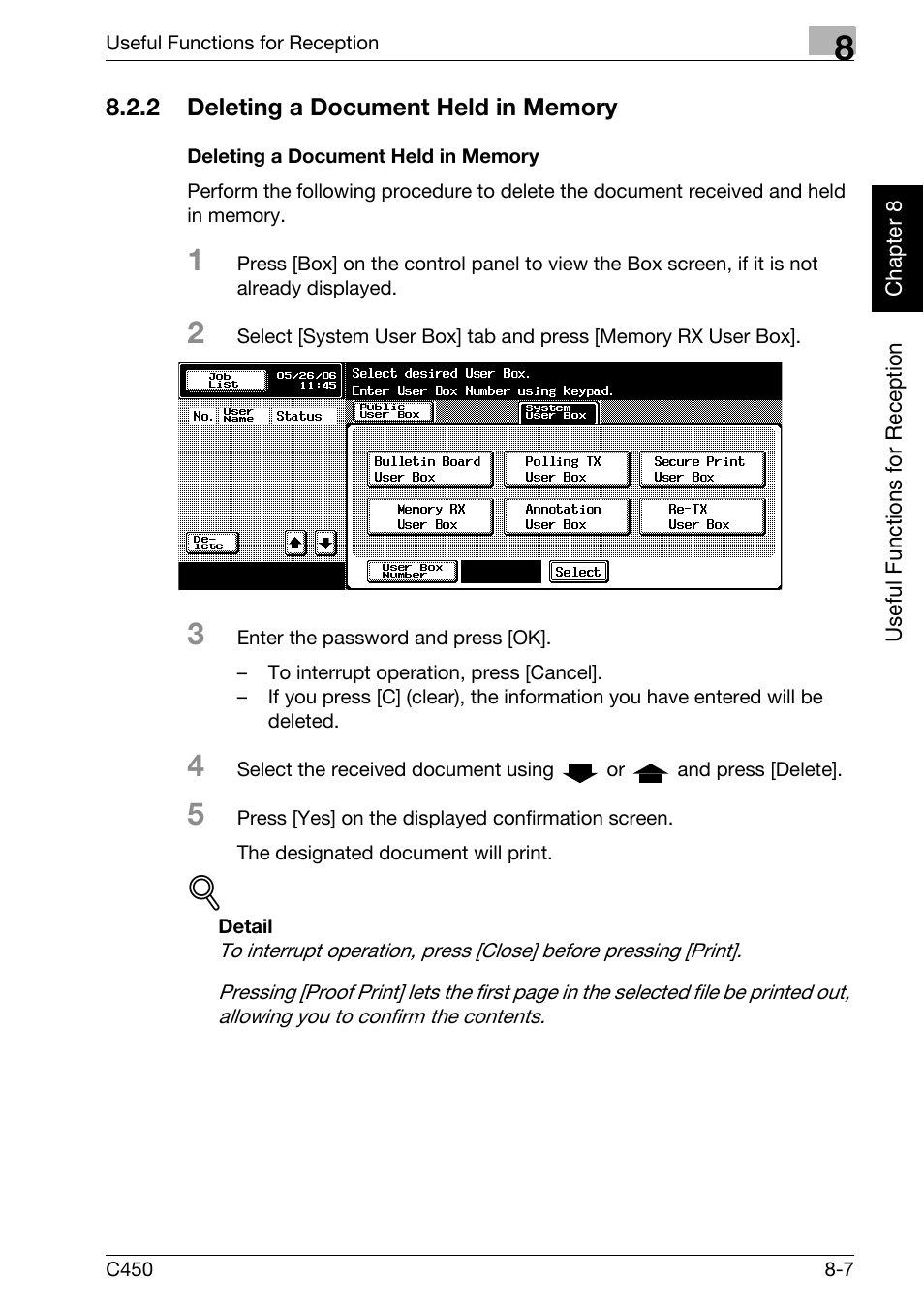 2 deleting a document held in memory, Deleting a document held in memory, Deleting a document held in memory -7 | Konica Minolta FK-502 User Manual | Page 192 / 450
