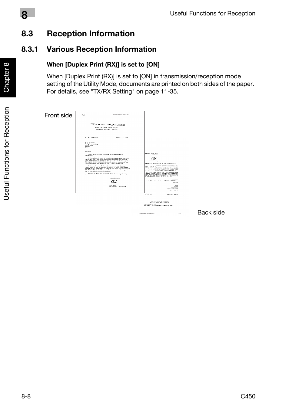 3 reception information, 1 various reception information, When [duplex print (rx)] is set to [on | Reception information -8, Various reception information -8 | Konica Minolta FK-502 User Manual | Page 193 / 450
