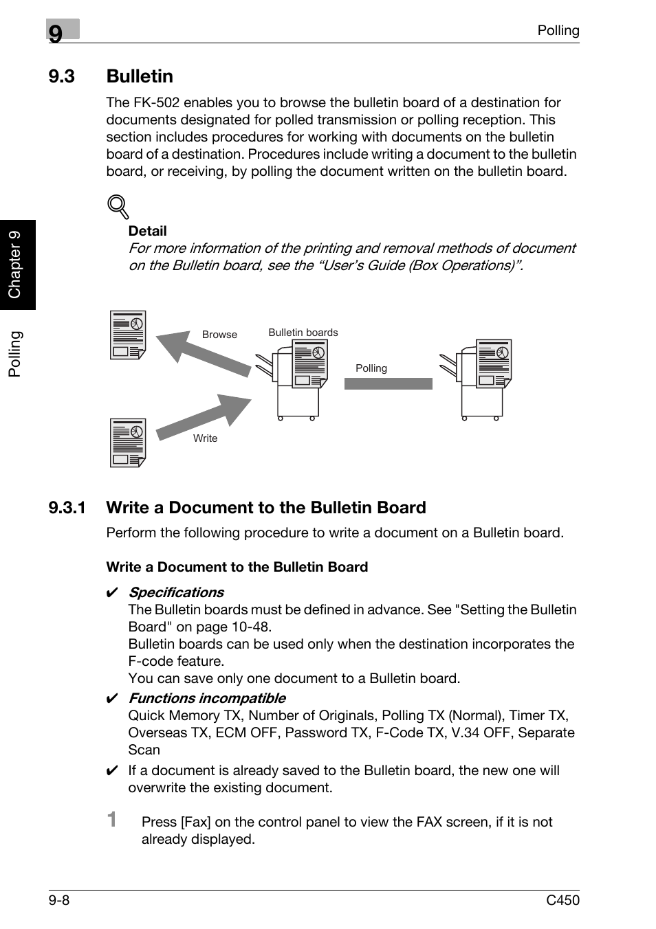 3 bulletin, 1 write a document to the bulletin board, Write a document to the bulletin board | Bulletin -8, Write a document to the bulletin board -8 | Konica Minolta FK-502 User Manual | Page 201 / 450