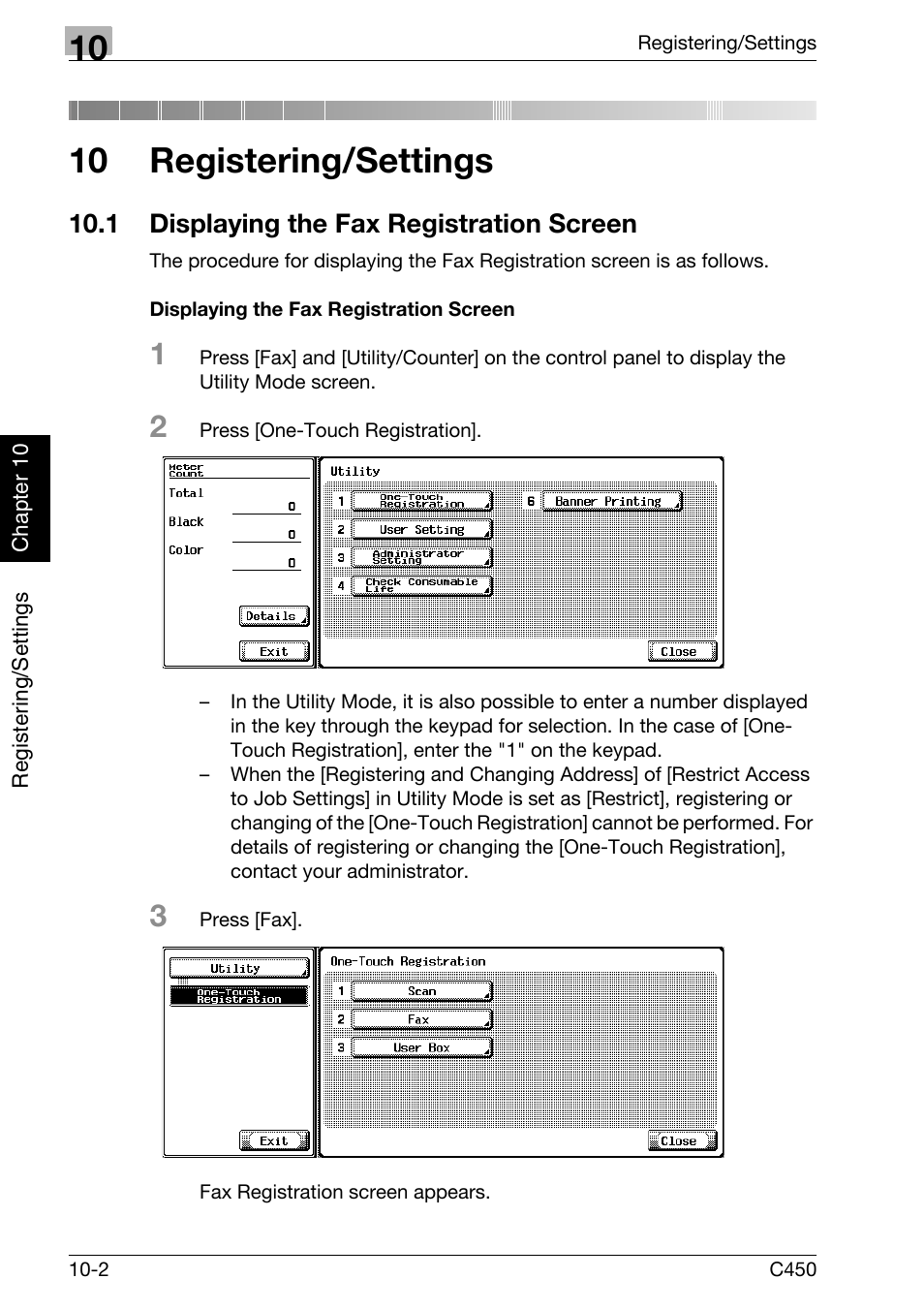 10 registering/settings, 1 displaying the fax registration screen, Displaying the fax registration screen | Displaying the fax registration screen -2 | Konica Minolta FK-502 User Manual | Page 207 / 450