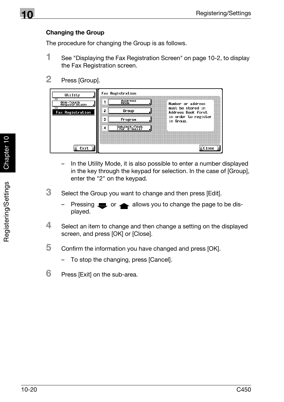 Changing the group | Konica Minolta FK-502 User Manual | Page 225 / 450