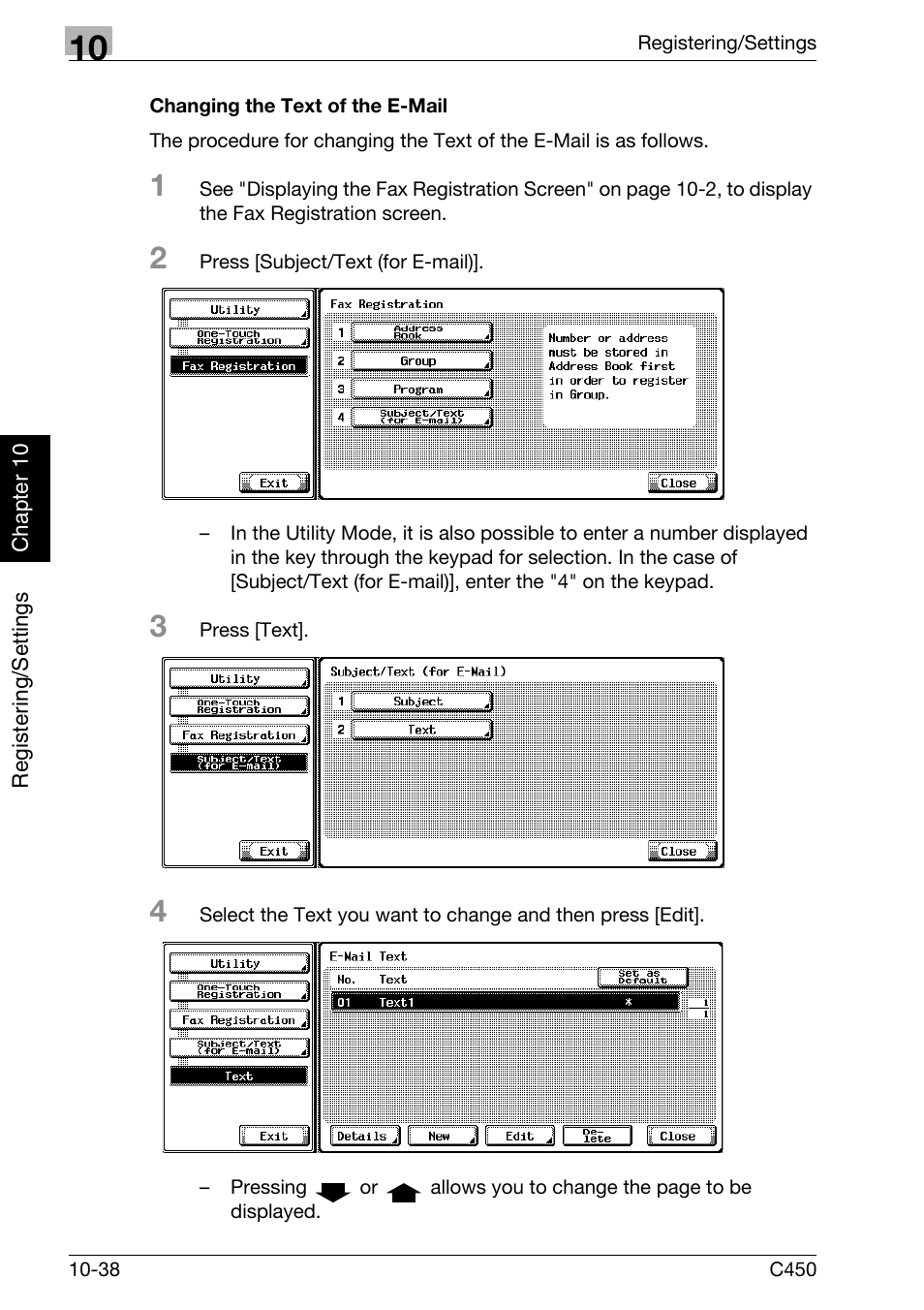 Changing the text of the e-mail | Konica Minolta FK-502 User Manual | Page 243 / 450