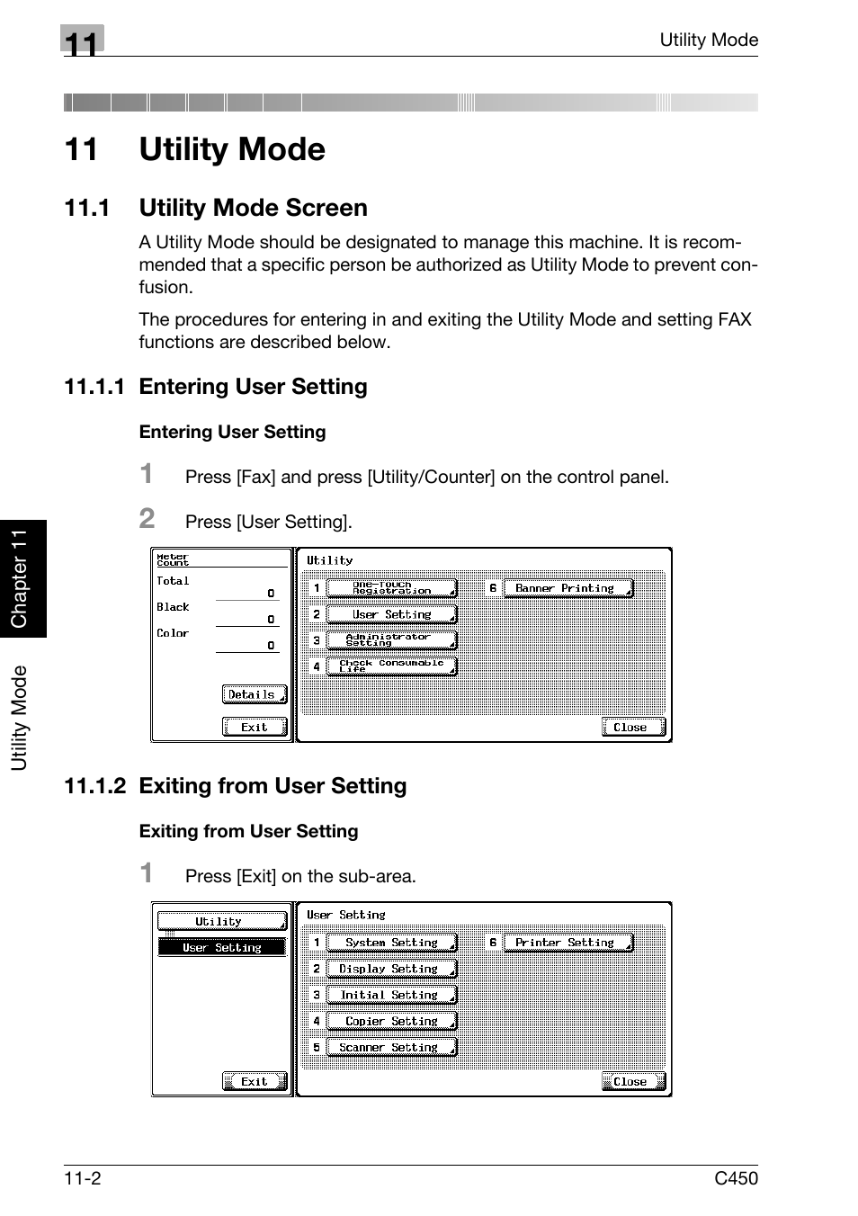 11 utility mode, 1 utility mode screen, 1 entering user setting | Entering user setting, 2 exiting from user setting, Exiting from user setting, Utility mode screen -2, Entering user setting -2, Exiting from user setting -2 | Konica Minolta FK-502 User Manual | Page 261 / 450