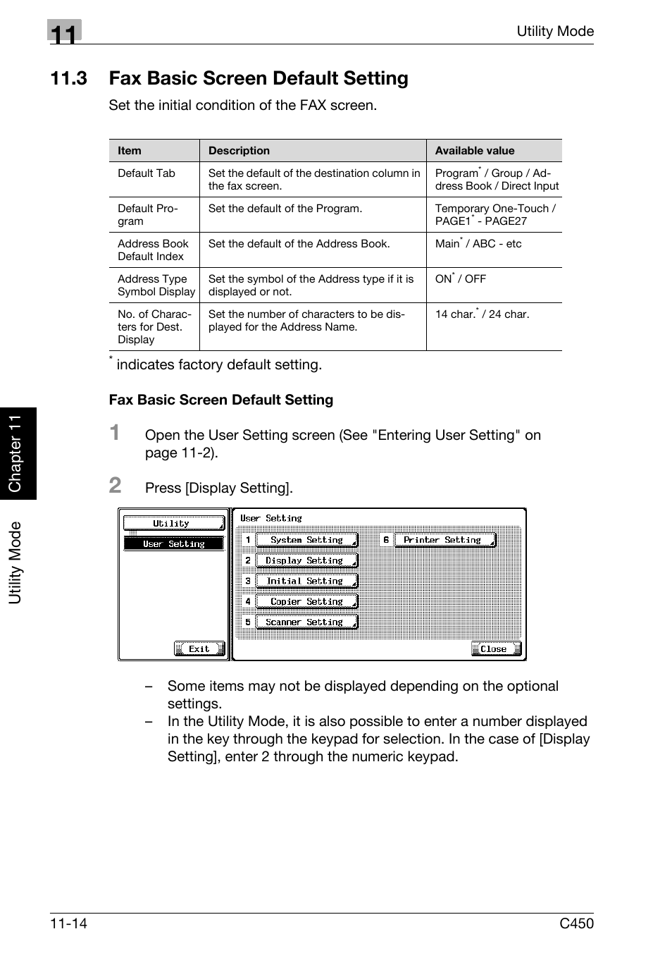 3 fax basic screen default setting, Fax basic screen default setting, Fax basic screen default setting -14 | Utility mode ch ap te r 11 | Konica Minolta FK-502 User Manual | Page 273 / 450