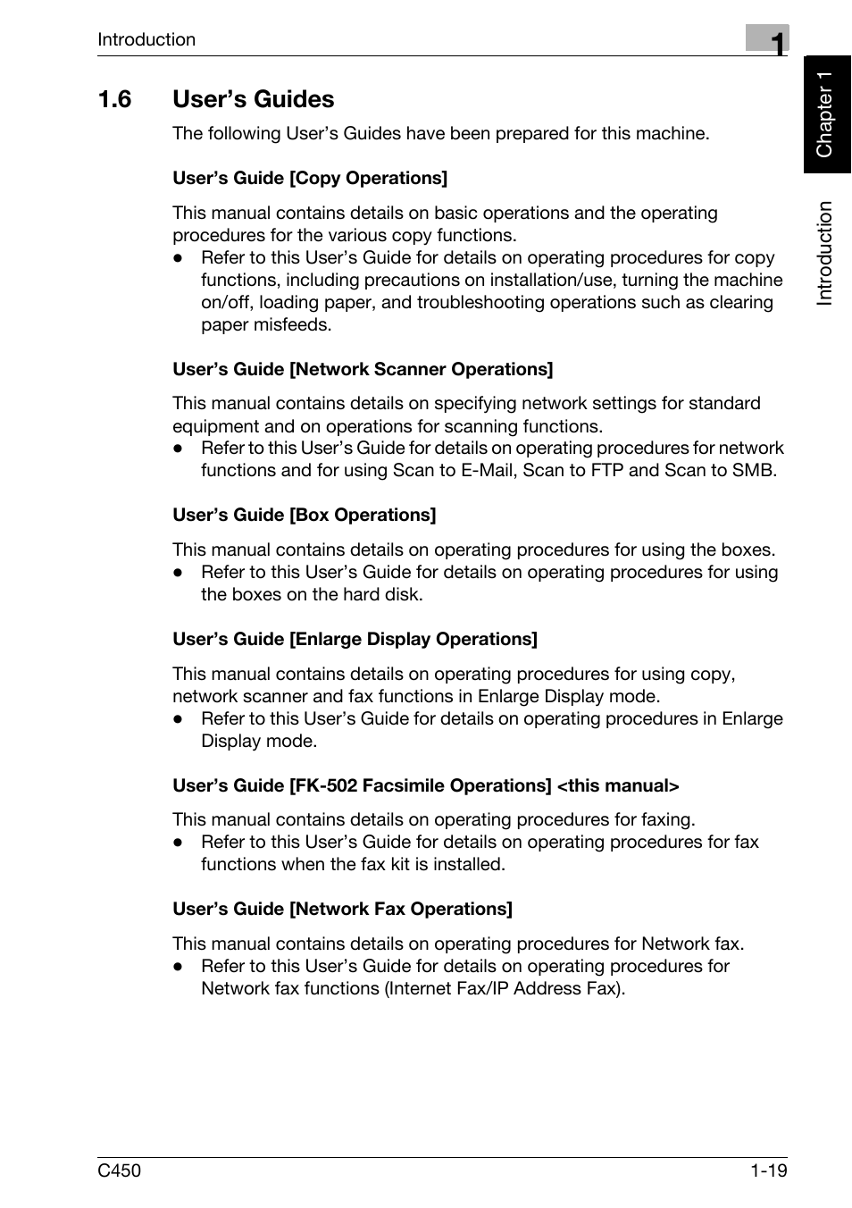 6 user’s guides, User’s guide [copy operations, User’s guide [network scanner operations | User’s guide [box operations, User’s guide [enlarge display operations, User’s guide [network fax operations, User’s guides -19 | Konica Minolta FK-502 User Manual | Page 28 / 450