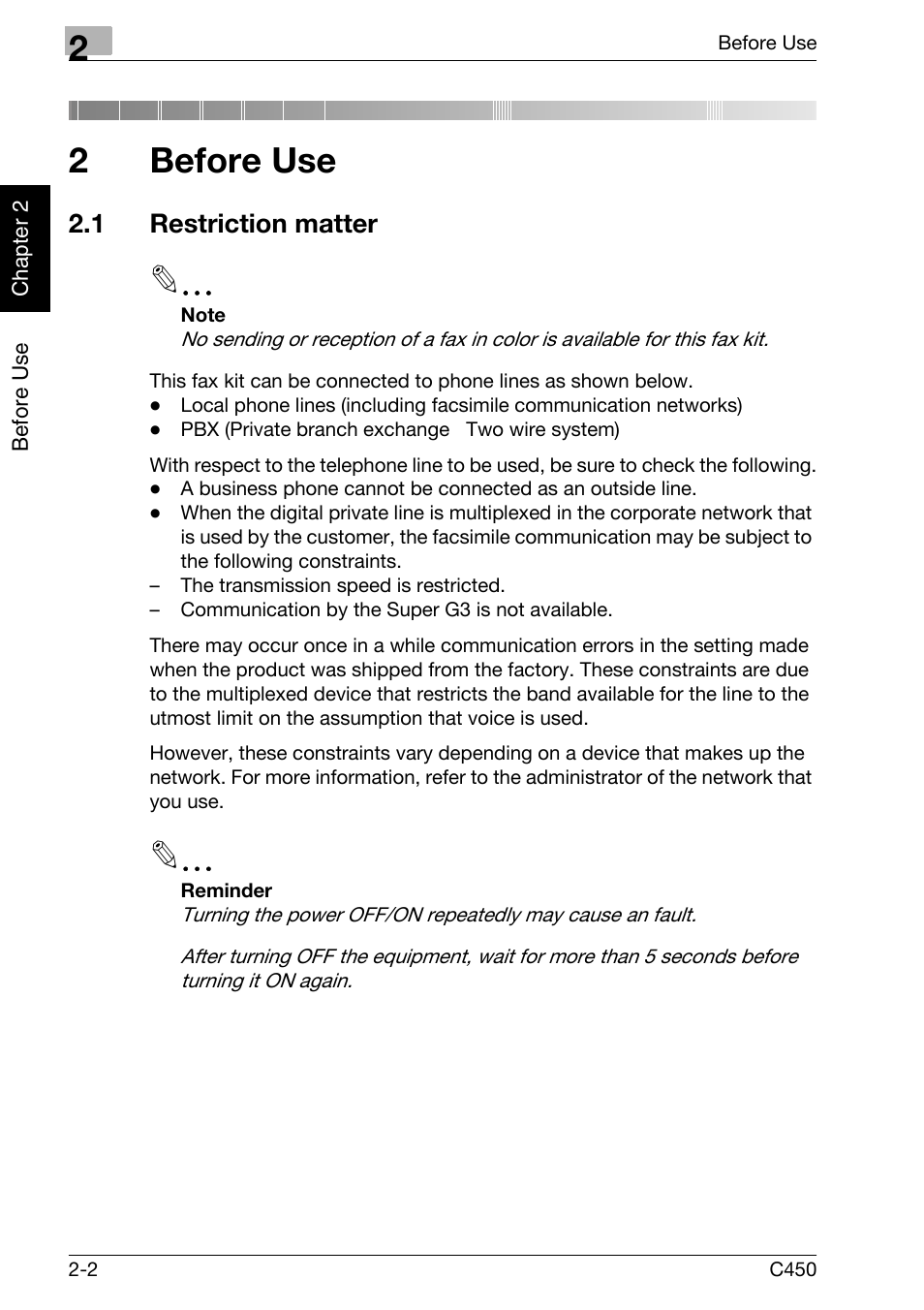 2 before use, 1 restriction matter, Before use | Restriction matter -2, 2before use | Konica Minolta FK-502 User Manual | Page 31 / 450