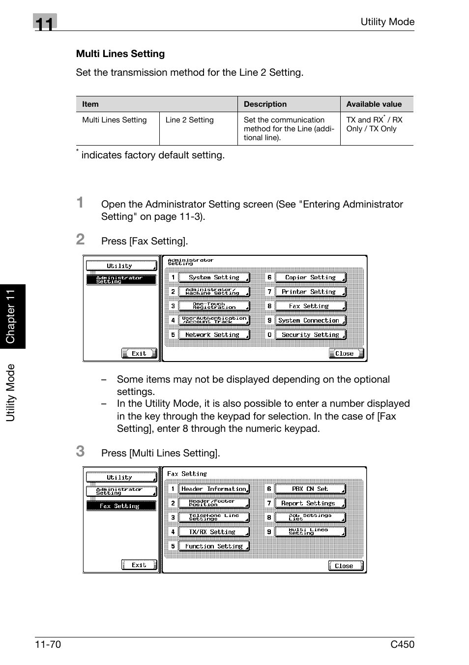 Multi lines setting | Konica Minolta FK-502 User Manual | Page 329 / 450
