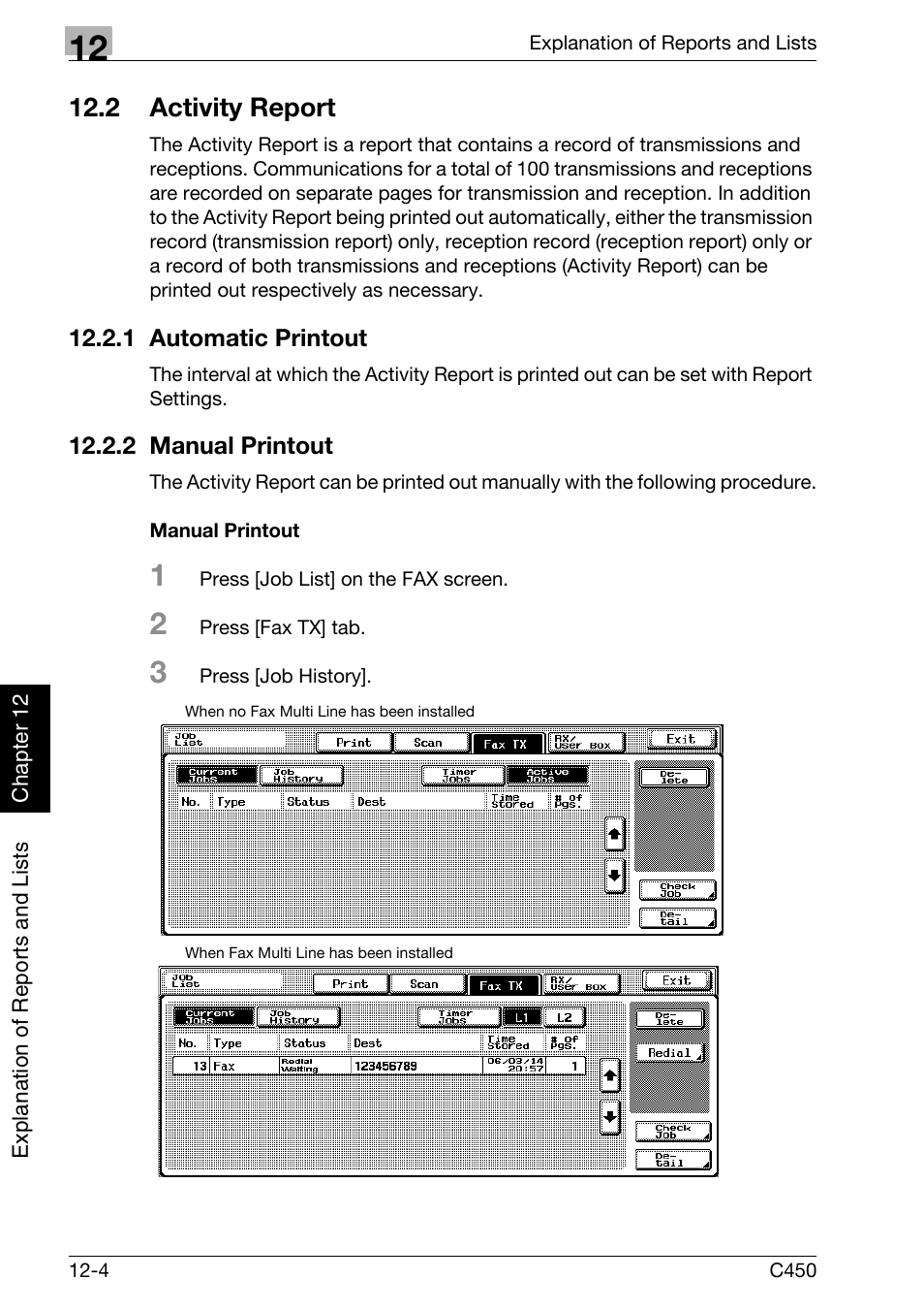 2 activity report, 1 automatic printout, 2 manual printout | Manual printout, Activity report -4, Automatic printout -4, Manual printout -4, Activity report | Konica Minolta FK-502 User Manual | Page 339 / 450