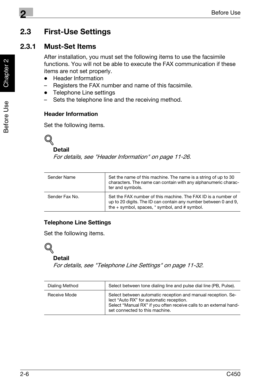 3 first-use settings, 1 must-set items, Header information | Telephone line settings, First-use settings -6, Must-set items -6 | Konica Minolta FK-502 User Manual | Page 35 / 450