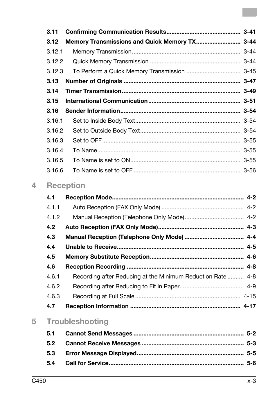 4reception, 5troubleshooting | Konica Minolta FK-502 User Manual | Page 4 / 450
