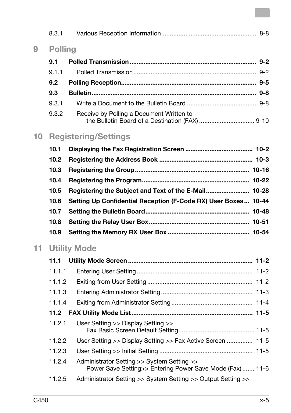 9polling, 10 registering/settings, 11 utility mode | Konica Minolta FK-502 User Manual | Page 6 / 450