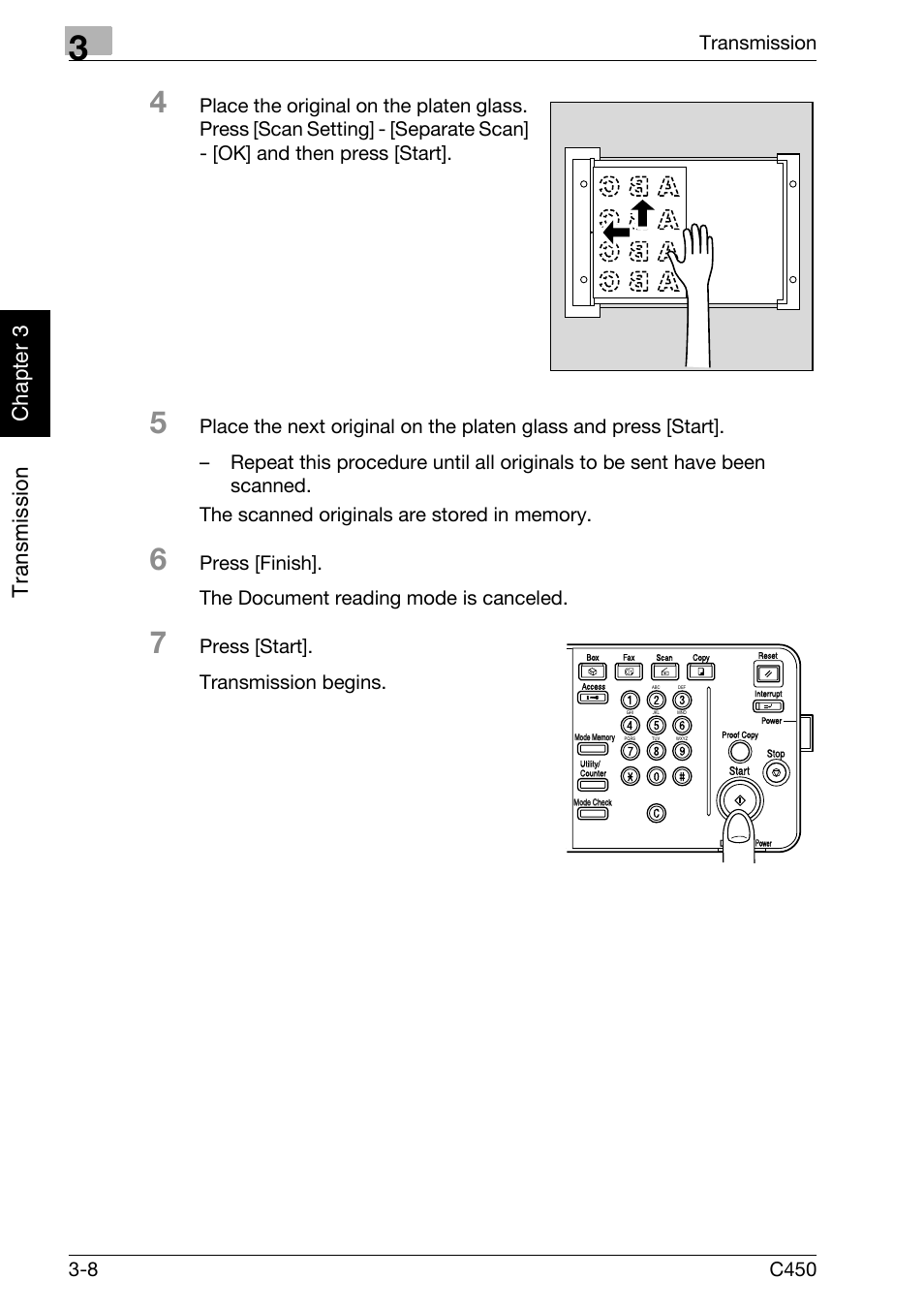 Tr an sm iss ion chapter 3, Press [start]. transmission begins | Konica Minolta FK-502 User Manual | Page 63 / 450