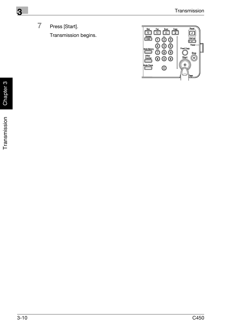 Tr an sm iss ion chapter 3, Press [start]. transmission begins | Konica Minolta FK-502 User Manual | Page 65 / 450