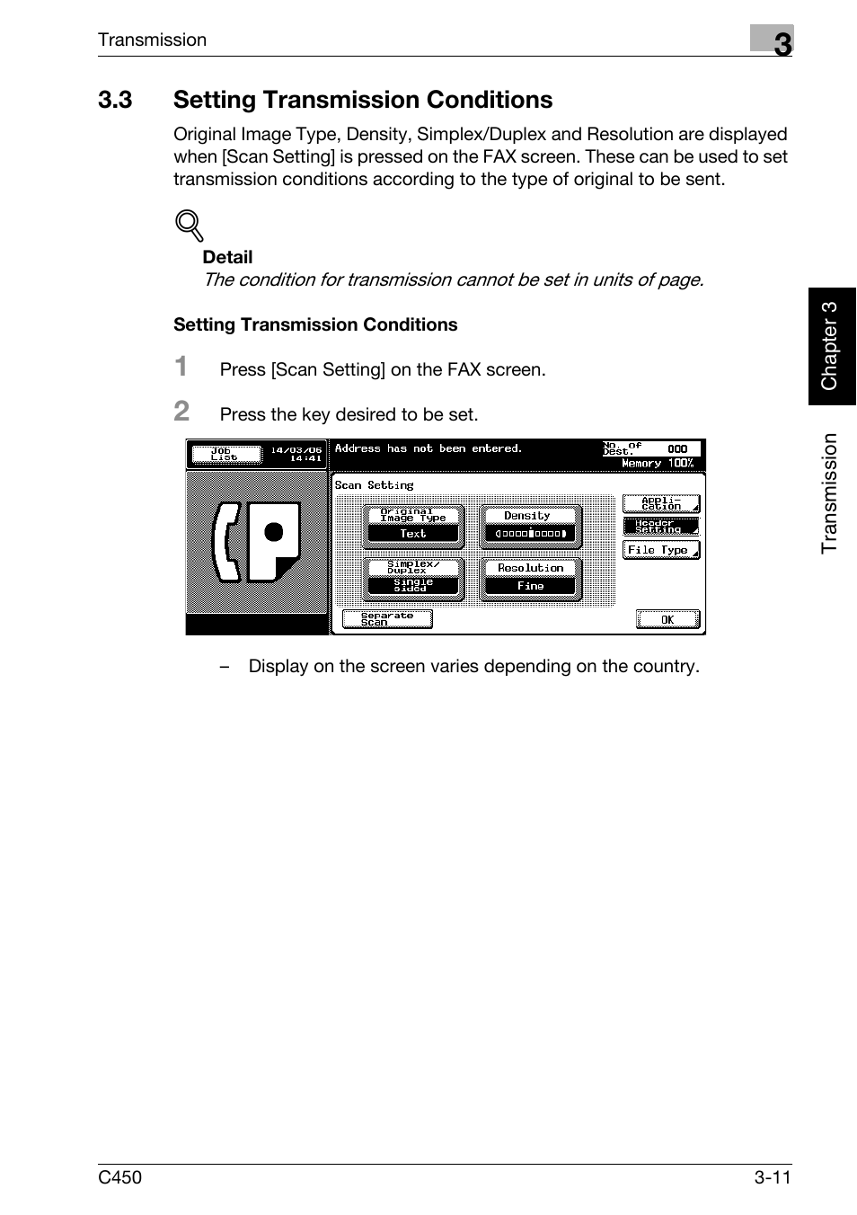 3 setting transmission conditions, Setting transmission conditions, Setting transmission conditions -11 | Konica Minolta FK-502 User Manual | Page 66 / 450