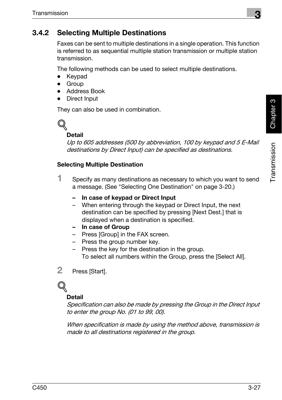 2 selecting multiple destinations, Selecting multiple destination, Selecting multiple destinations -27 | Konica Minolta FK-502 User Manual | Page 82 / 450
