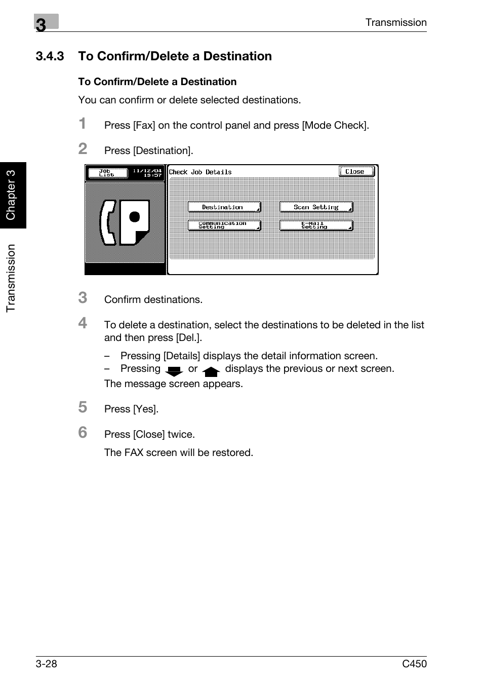 3 to confirm/delete a destination, To confirm/delete a destination, To confirm/delete a destination -28 | Konica Minolta FK-502 User Manual | Page 83 / 450