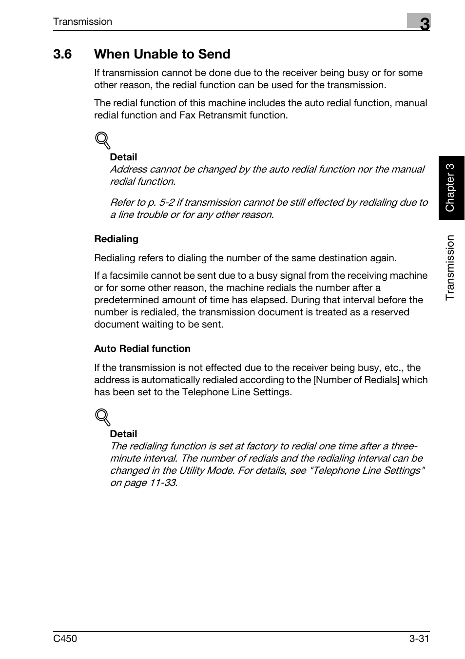 6 when unable to send, Auto redial function, When unable to send -31 | Konica Minolta FK-502 User Manual | Page 86 / 450