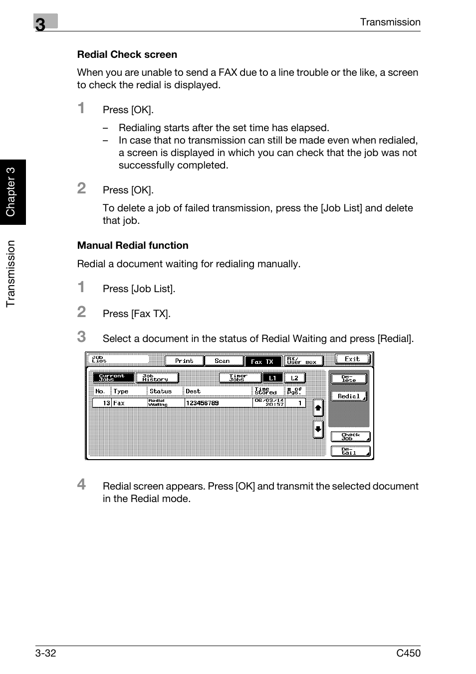 Redial check screen, Manual redial function | Konica Minolta FK-502 User Manual | Page 87 / 450