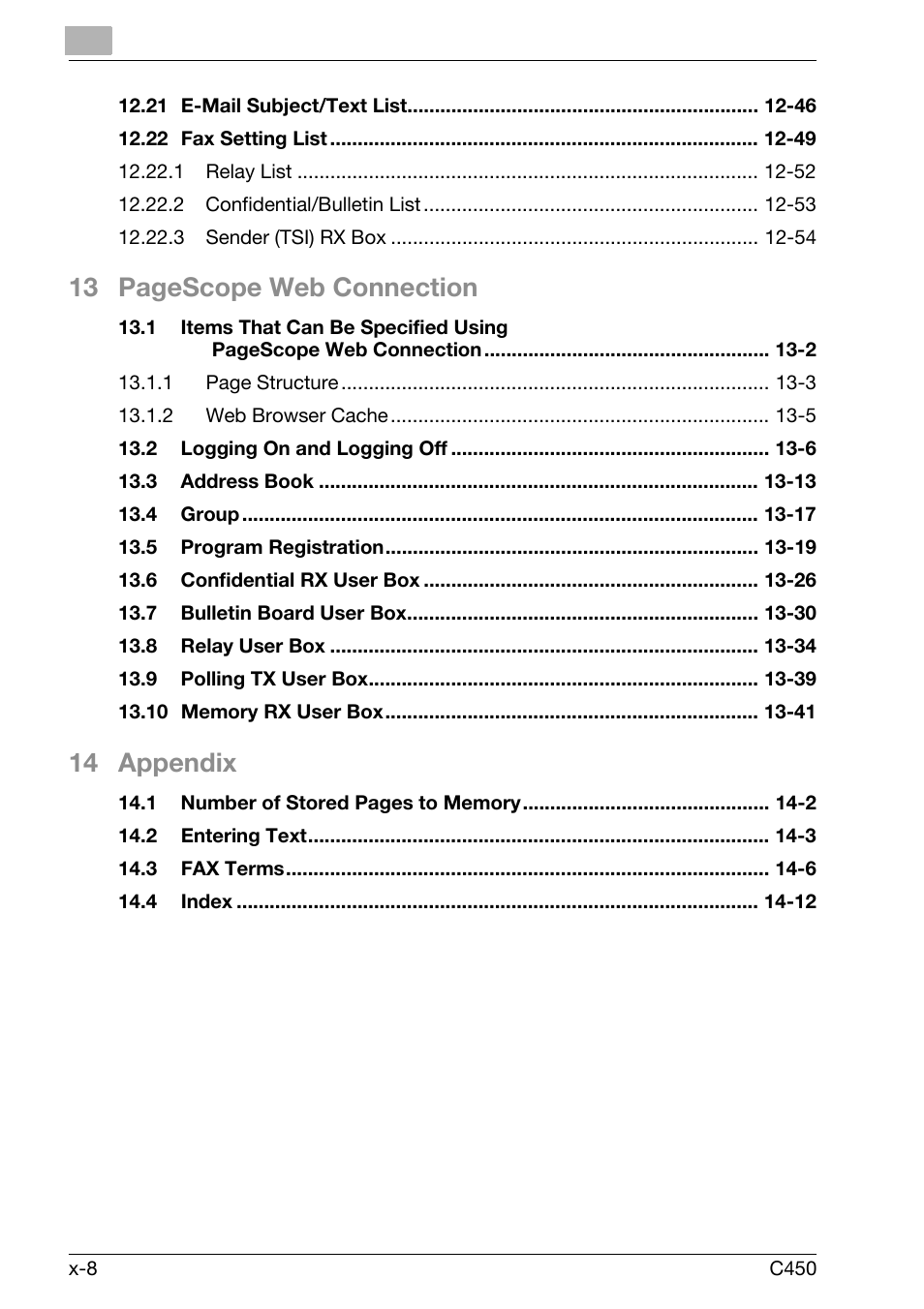 13 pagescope web connection, 14 appendix | Konica Minolta FK-502 User Manual | Page 9 / 450