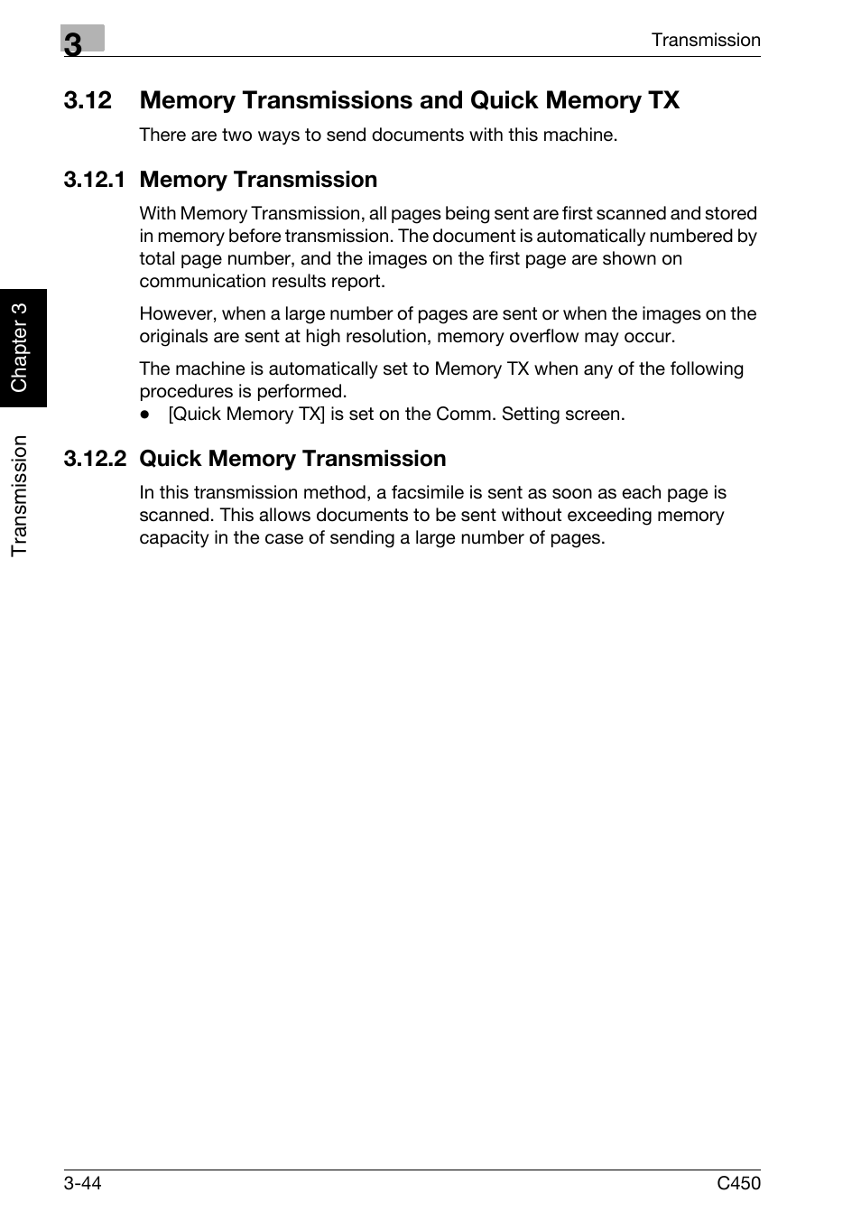 12 memory transmissions and quick memory tx, 1 memory transmission, 2 quick memory transmission | Memory transmissions and quick memory tx -44, Memory transmission -44, Quick memory transmission -44 | Konica Minolta FK-502 User Manual | Page 99 / 450