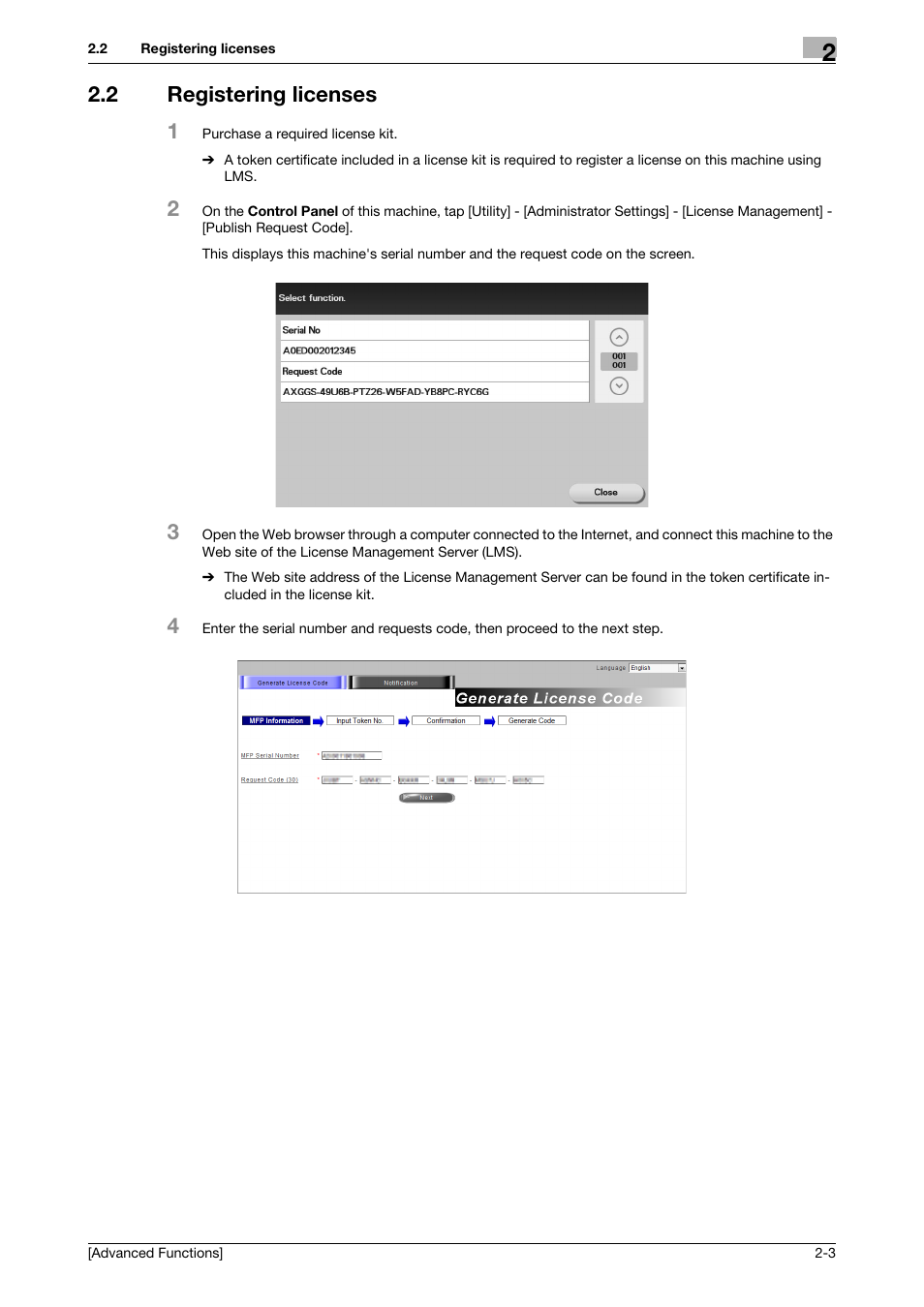 2 registering licenses, Registering licenses -3, 2 registering licenses 1 | Konica Minolta bizhub 4050 User Manual | Page 7 / 15