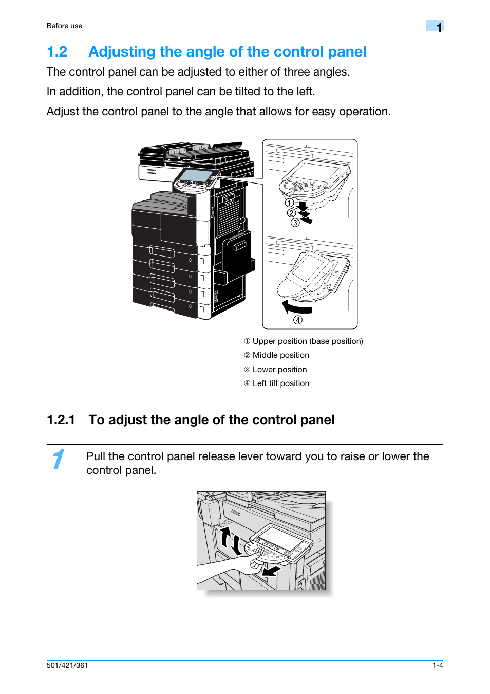 2 adjusting the angle of the control panel, 1 to adjust the angle of the control panel, 2 adjusting the angle of the control panel -4 | 1 to adjust the angle of the control panel -4 | Konica Minolta bizhub 421 User Manual | Page 10 / 103